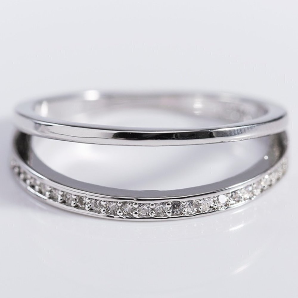 Dainty Zircon Micro Pave Double Layer Silver Ring for Women, VIP120